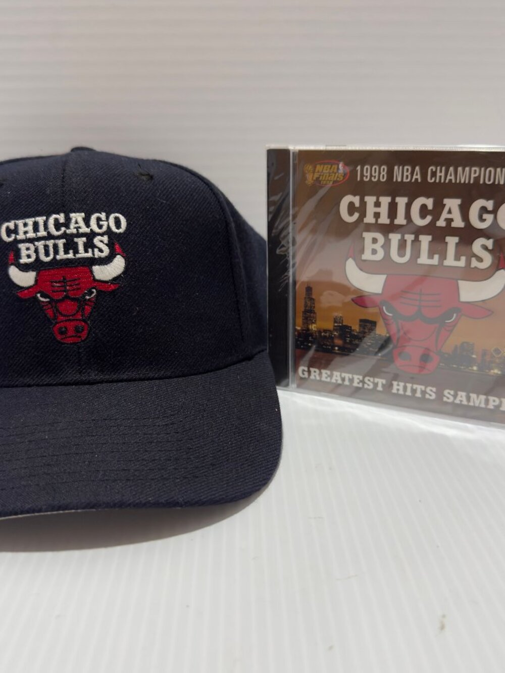 Vintage Chicago Bulls Hat & 1998 NBA Champions Greatest Hits CD Sampler Lot 90s